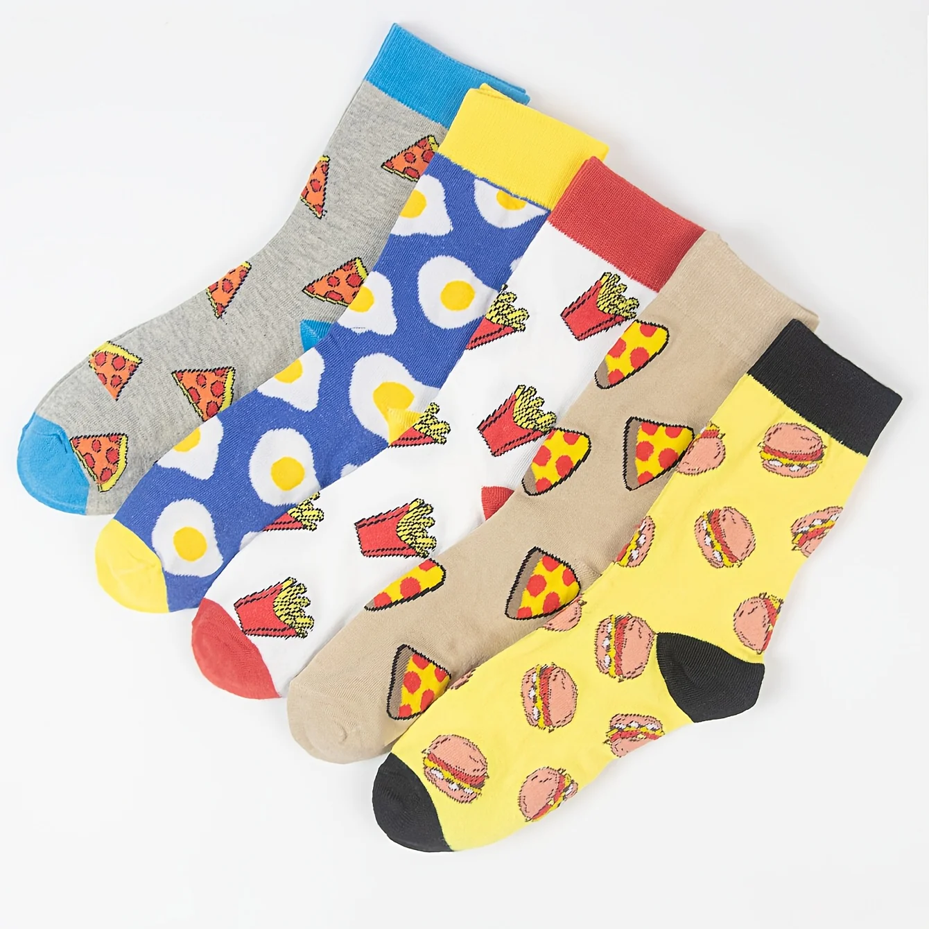 10-Pack Burger & Fries Cartoon Crew Socks - Playful Fast Food Print with Polka Dots & Green Dots - Unisex Comfort for Casual Attire, Travel, Sports - Fun College Style Essentials, Travel Accessories | Whimsical Sock Design, Funny Socks